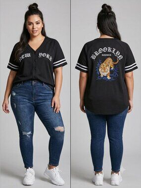 Forever 21+ Women's Size 0X Black New York Embroidered Tiger Baseball Jersey Top